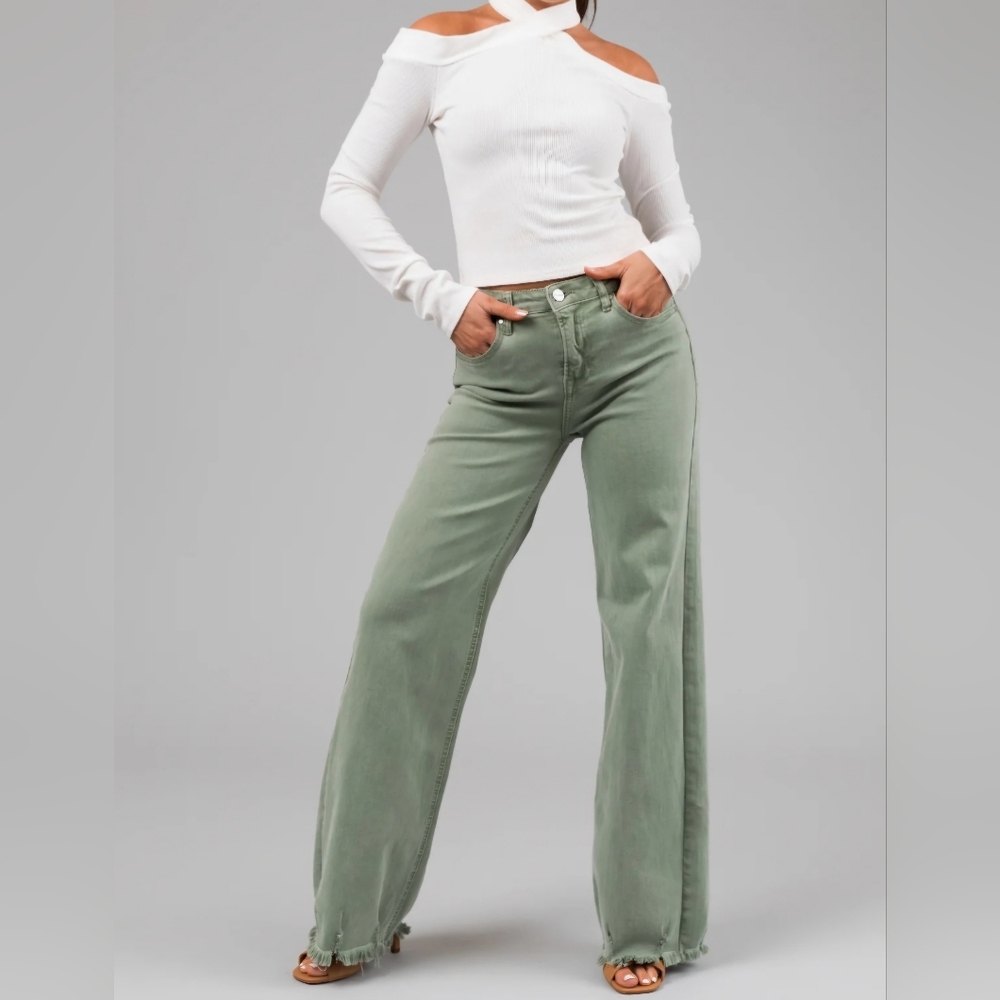 RISEN High Rise Wide Leg Olive Denim Jeans Classic Frayed Hem Size 1/25 NEW - Picture 12 of 15